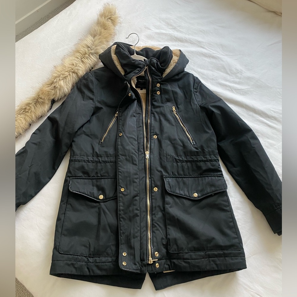 ZARA Trafaluc Black Faux Removable Fur Hooded Parka with Gold Detail Size Small